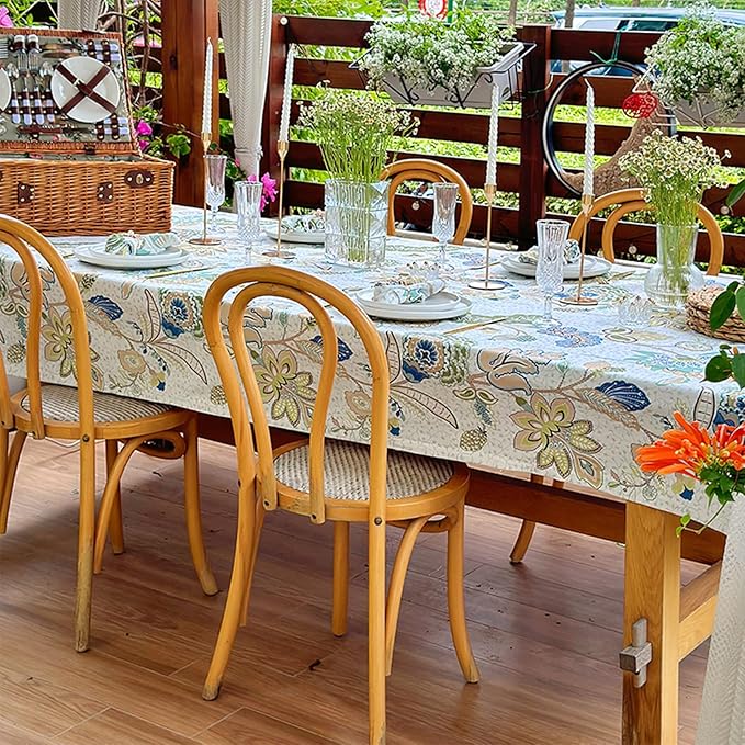 Spring Table Cloth for Rectangle Table, Washable Waterproof Tablecloth, Polyester-Linen Print Table Cover for Dining, Outdoor, Picnic, Farmhouse - 72''x54'' - Green Flowers