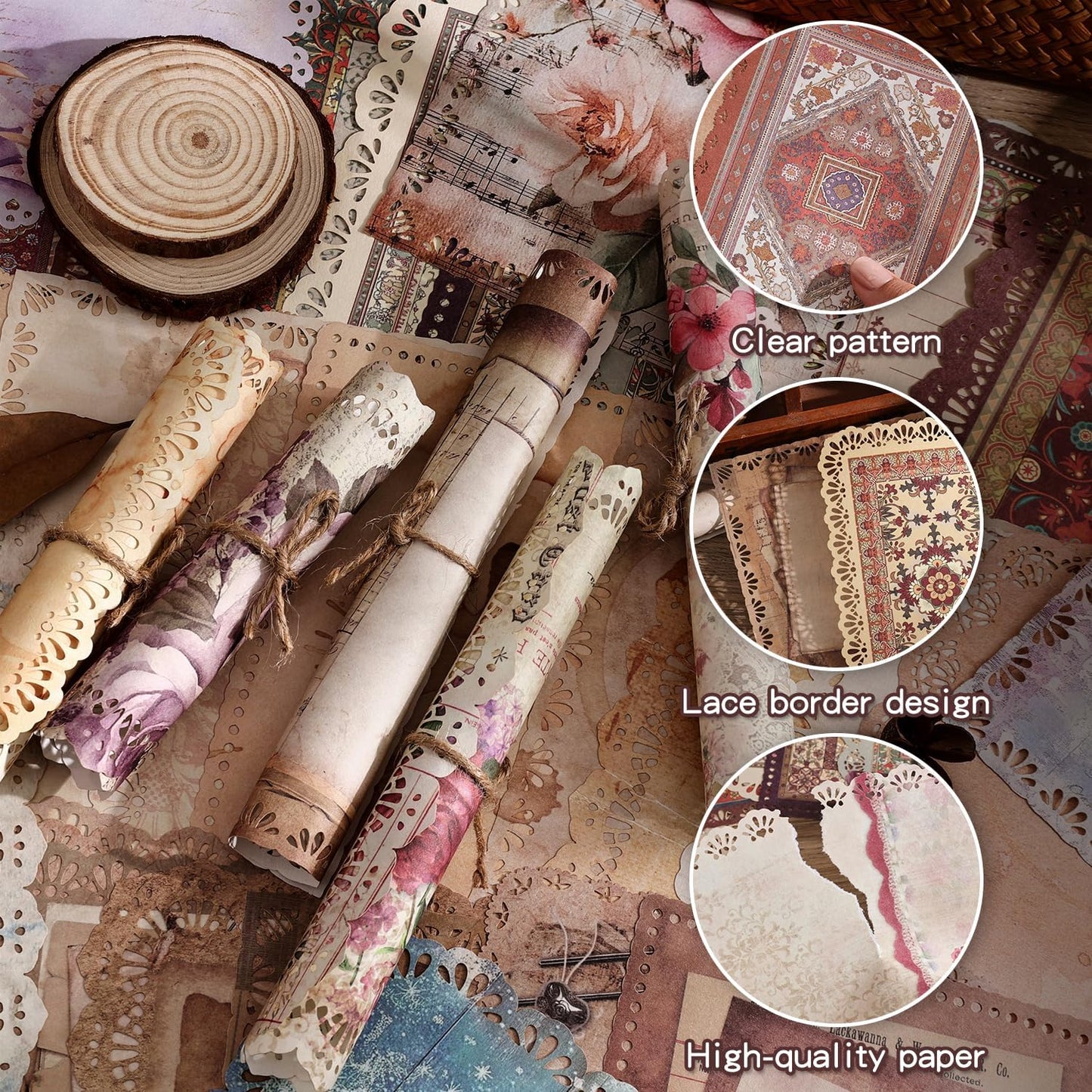 66 Sheets Lace Edged Scrapbook Paper Set, 6 Packs Vintage Decorative Paper Scrapbooking Supplies for Letter Writing Background Stationery Ephemera for Junk Journaling, DIY Art Collage 4.9x6.9 IN