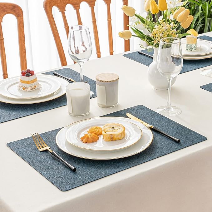 Romanstile Vinyl Placemats Set of 8-12 X 17 Inch - Heat Resistant Place Mats 100% Waterproof Oilproof Wipeable Reversible Faux Leather Table Mats for Kitchen, Dining, Party, Outdoor, Navy Blue