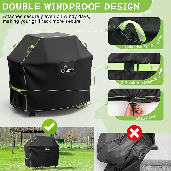 UIRWAY Gas Grill Cover 60 Inch, Waterproof, UV & Fade Resistant BBQ Grill Cover for Outdoor, Barbecue Cover with Reflective Strip and Air Vent for Weber, Dyna-glo, Char-Broil, Nexgrill, etc. Black