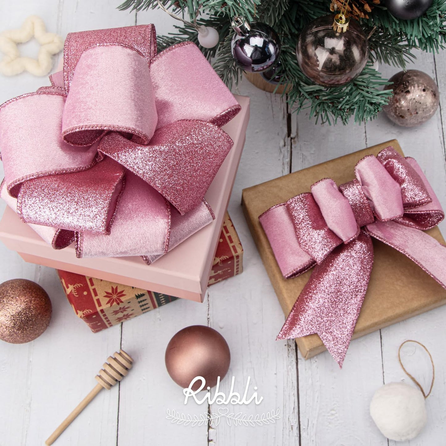 Ribbli Pink Velvet Wired Ribbon 2.5 Inch Velvet with Glitter Christmas Ribbon for Tree Decoration Big Bow Gift Wrapping Crafts Wreaths Supplies - 10 Yards