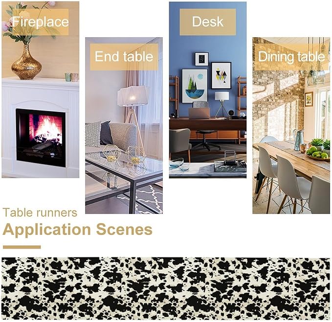 Cow Print Table Runner, Black White Animal Fur Skin Rustic Cowhide Pattern Table Runner for Kitchen Farmhouse Dining Home Outdoor Party 13x108in