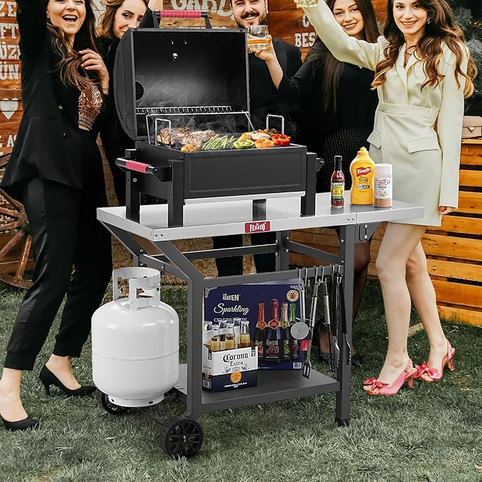 Movable Grill Table with Folding Side Table, Pizza Oven Table as BBQ Food Prep Cart with Undershelf for Outdoor & Indoor Use, 43" L x 20" W Stainless Steel Tabletop, Gray