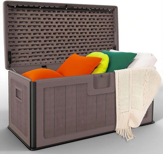 100 Gallon Deck Box, Double-Wall Construction Waterproof Outdoor Patio Storage Box, Lockable Deck Storage Bin Outdoor Storage Bench for Pool Patio Garden