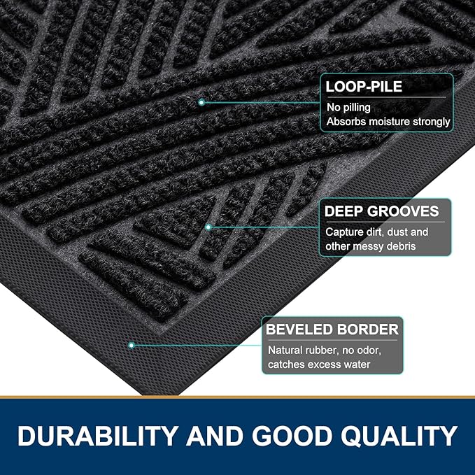 Smiry Front Door Mat Outside Entrance, Heavy Duty Sturdy Natural Rubber Doormat, Trap Dirt and Moisture, Easy Clean Low Profile Mats for Indoor Outdoor Entry, Interwoven Stripes (36x24, Black)