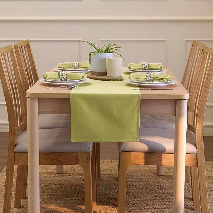 Encasa XO Table Runner 13x91 in Long | Cotton Canvas Fabric | Sage Green Solid Color | Machine Washable & Durable