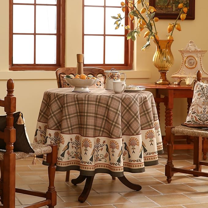 Vintage Brown Checkered Small Round Tablecloth,Italian Style Wrinkle Resistant Linen Tablecloths,Decor Table Cover for Kitchen,Dining,Thanksgiving,Christmas,Diameter 55"-Seville