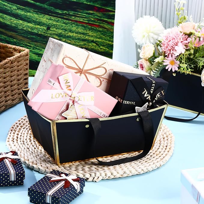 Tuanse 30 Pcs Basket for Gift Empty DIY Bulk Gift Basket Kit with Handle Kraft Cardboard Tray with 30 Bag 30 Bow Market Tray for Wedding Party(Black Gold,9.8 x 6.7 x 4.3 in)