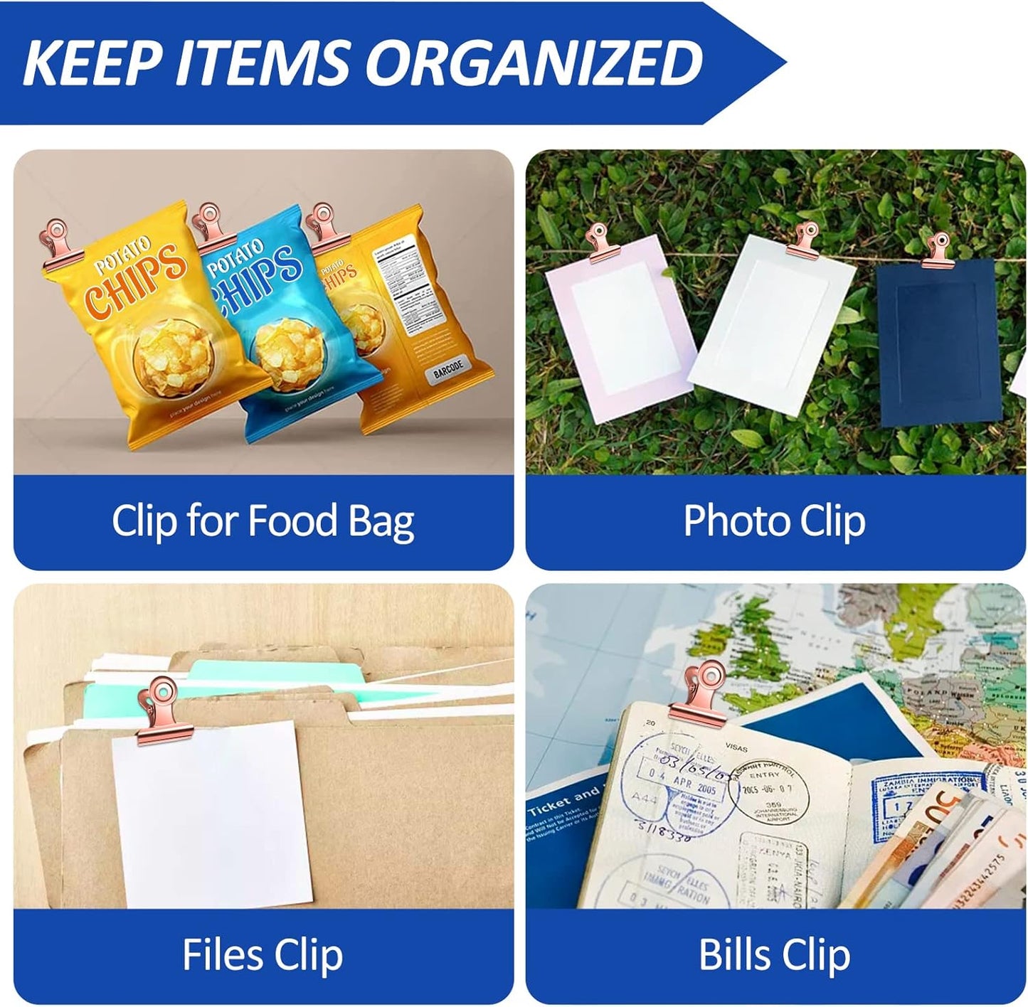 30 Pack Small Bull Clips 0.87 Inch Mini Metal Hinge Clips Binder Paper Hinge Clip for Office, Home, School, Shops, Rose Gold, 22mm