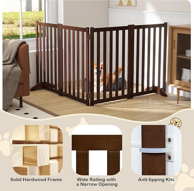 30" Height Tall Freestanding Pet Gate, Solid Wood Folding Safety Fence Wooden Dog Gate with 2 PCs Support Feet Ideal for Stairs, Doorways, Halls, Kitchens, Heavy Duty Gates, 4 Panels, Walnut