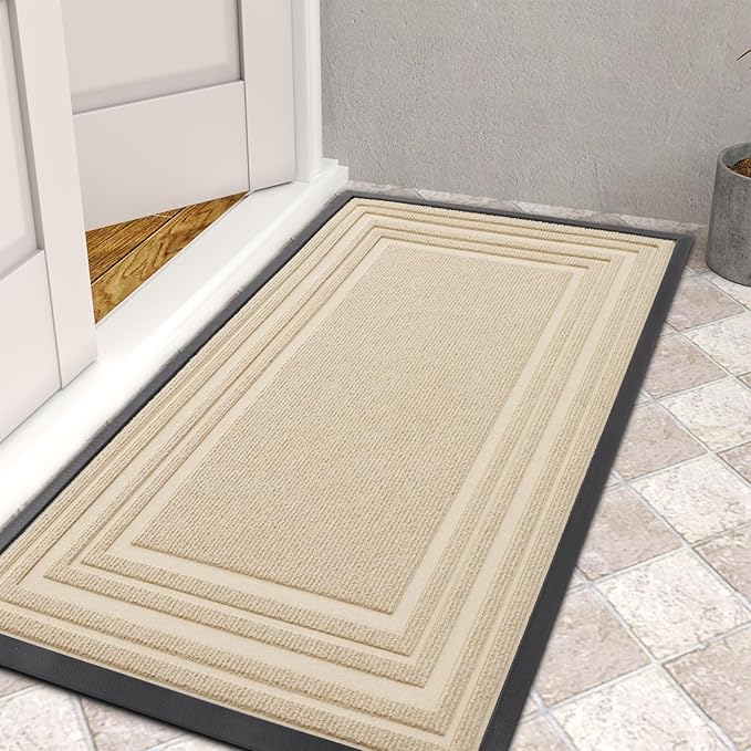 Buganda Front Door Mat Indoor Outdoor Entrance, Non-Slip Natural Rubber Doormats, Easy Clean, Low Profile, Dirt Trapper Entryway Floor Mats for Outside, Garages and Patios, 36x24, Beige