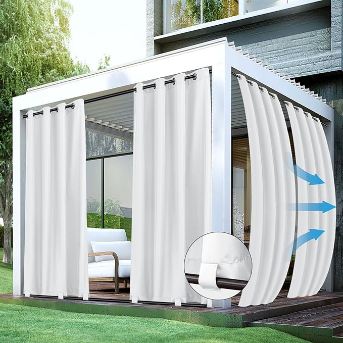 HolidayIdeas 4 Panels Gazebo Curtains Waterproof-Outdoor White Curtains 54x84 Inch-Windproof Weatherproof Privacy Curtain-Grommet Top and Tab Bottom Drape for Patio, Porch, Pergola, Cabana