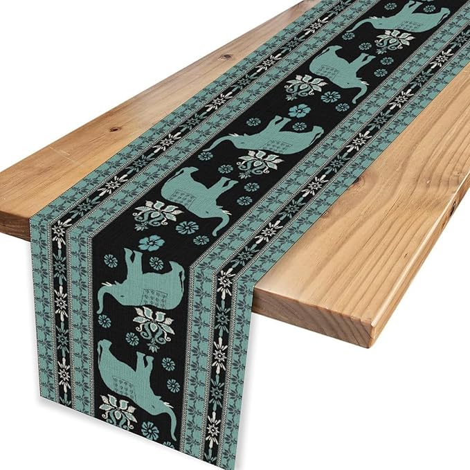 African Tribal Table Runner, Boho Elephants Tribal Traditional Indian Diwali Animal Blue Ethnic Rustic Coffee Table Center Decor for Home Kitchen Holiday Party Outdoor Table Decorations, 13"x36"