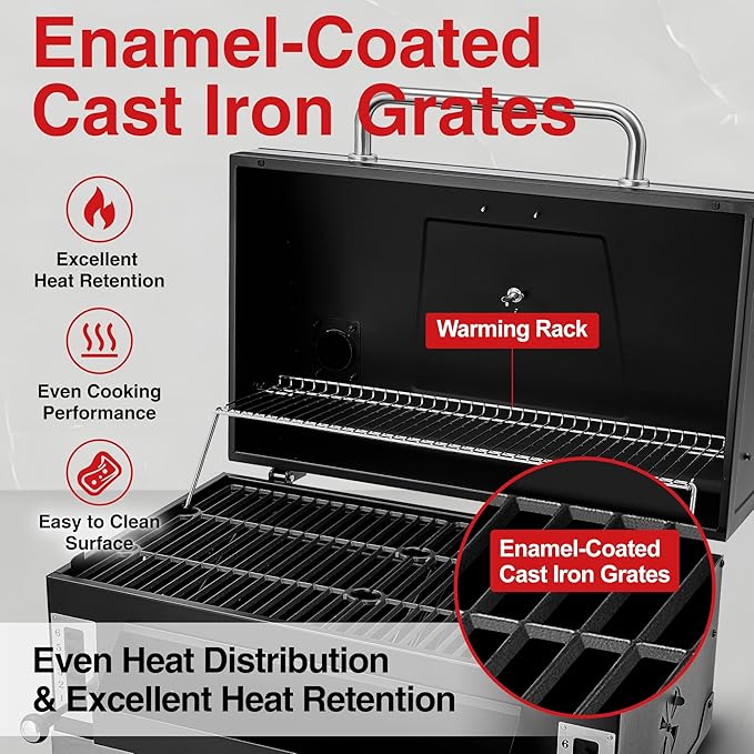 29 In Built-in Barbecue Grill, Charcoal bbq Grills with Liftable Tray, Insulated Hood & Temperature Gauge, Stainless Steel BBQ Barrel for Outdoor Kitchen, Camping, and Park – Black
