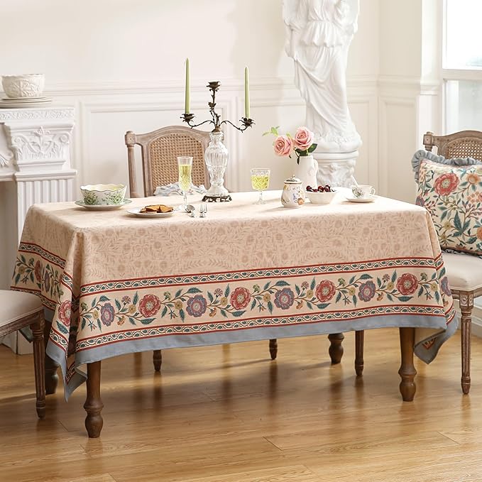 Beige Linen Rectangle Tablecloth,Vintage Indian Style Soft and Colorfast Floral Tablecloths,Decor Table Cover for Kitchen,Dining,Party,Thanksgiving,Christmas,63"*87"-Flowershadow E