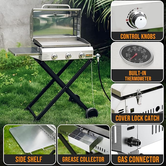 Portable Propane Gas Griddle 3-Burner with Foldable Cart & Side Table, Flat Top Gas Grill Griddle Stove with Lid, for Outdoor Cooking Patio Backyard Camping RV Tailgating Beach, GS310