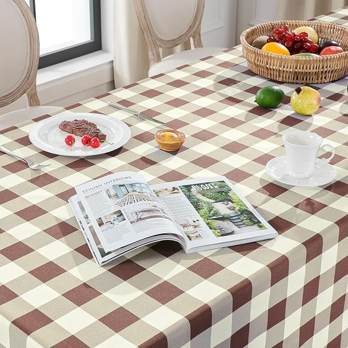 Softalker Gingham Checkered Tablecloth Rectangle - Outdoor Waterproof Buffalo Plaid Table Cloth, Stain Resistant Washable Table Cover for Picnic, Camping, Dining - Coffee and White, 54 x 78 Inch