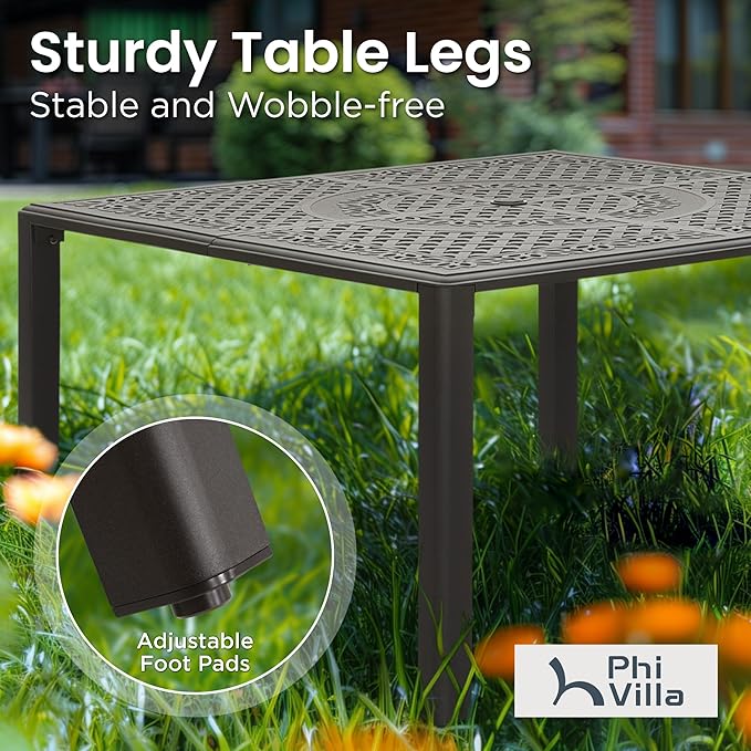PHI VILLA Aluminum Patio Dining Tables for 8 Person, 53" Square Outdoor Table with 2.1" Umbrella Hole, Lawn Garden Tables for Outside All Weather