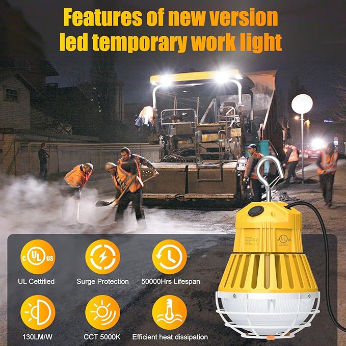 LED Temporary Work Light 60W, 7800LM 5000K Portable Hanging Construction Light with 10ft Cable Plug and Sturdy Hooks Linkable LED Work Light for Job Site Lighting, Workshop, Garage ETL Listed