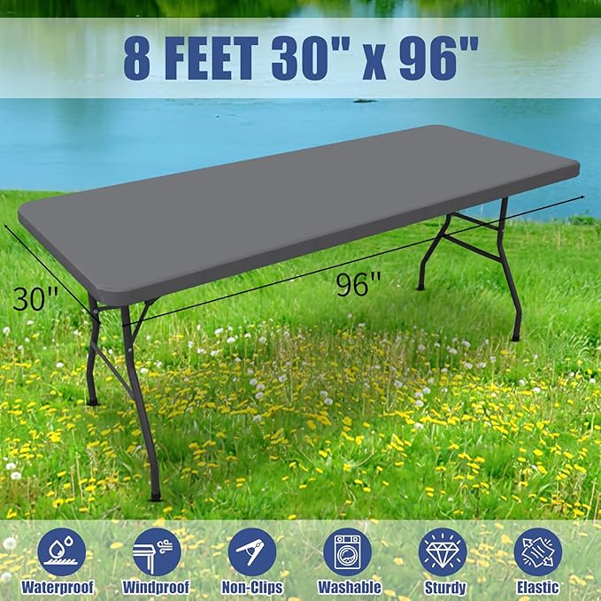 Spandex 8 Foot Rectangle Table Cloth 6 Pack, Elastic Fitted Tablecloths for Picnic, Stretch Washable Patio Table Cover for Outdoor, Camping, Banquet and Parties (Grey, 30"x96")