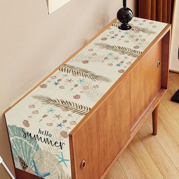 Nautical Coastal Table Runner, Rustic Starfish Seashells Tropical Leave Ocean Beach Hello Summer Farmhouse Coffee Table Center Decor for Home Kitchen Dining Patio Outdoor Table Decorations, 13"x36"