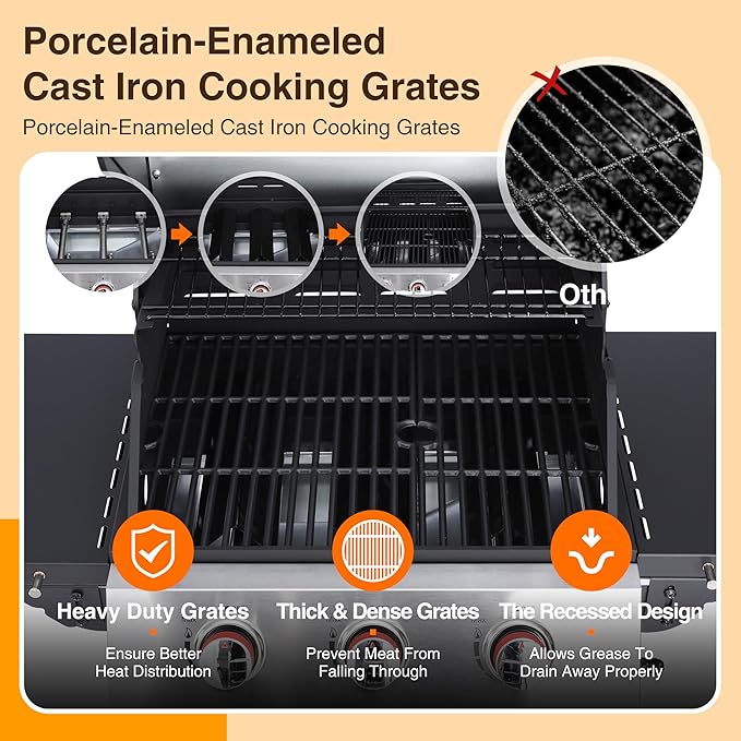 Propane Gas BBQ Grill, Upgraded 30,000 BTU Stainless Steel Barbecue Grill with Foldable Side Tables, Spice Rack & Wheels for Outdoor Cooking(3 Burner grill)