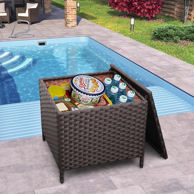 Outdoor Wicker Storage Side Table, Patio Brown PE Rattan End Table with Storage, Square Container for Furniture Covers, Toys, and Gardening Tools