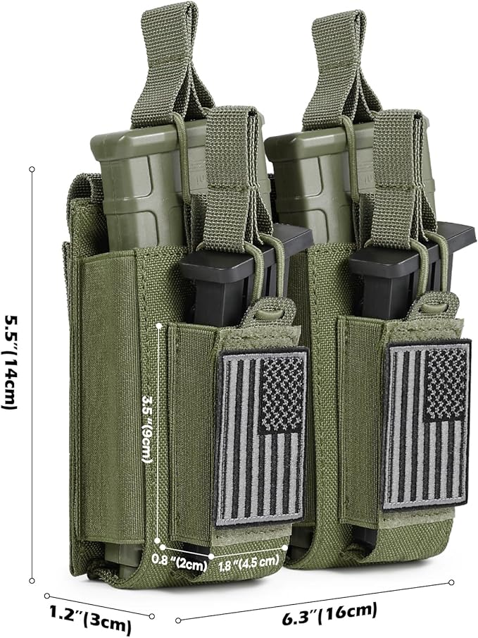 Open-Top Single/Double/Triple Molle Mag Pouch for 5.56mm M4 M16 AK AR Glock M1911 9mm Elastic Rifle Magazines Pistol Mag Pouches Holder Carrier with USA Flag Patch