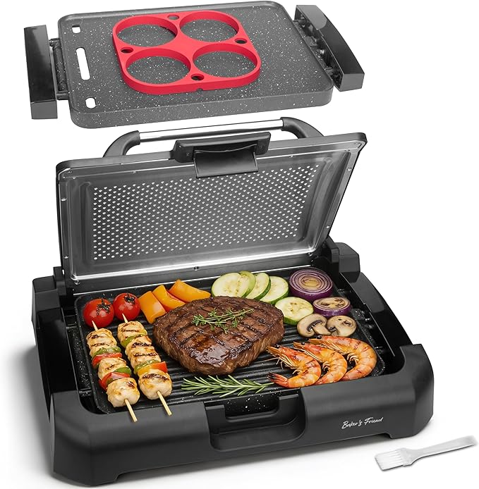 Baker’s Friend Indoor Searing Grill & Griddle, Electric Griddle with 2 in 1 Indoor Grill and Griddle Plate Indoor Grill with Removable Plate & Lid, Silicone Mold, Dishwasher Safe, Graphite