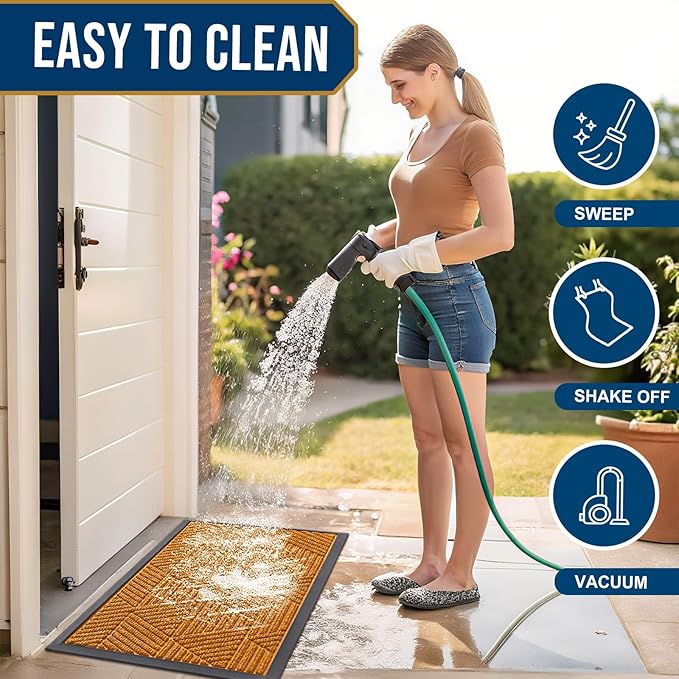 Smiry Front Door Mat Outside Entrance, Heavy Duty Sturdy Natural Rubber Doormat, Trap Dirt and Moisture, Easy Clean Low Profile Mats for Indoor Outdoor Entry, Irregular Triangle (29.5x17, Amber)