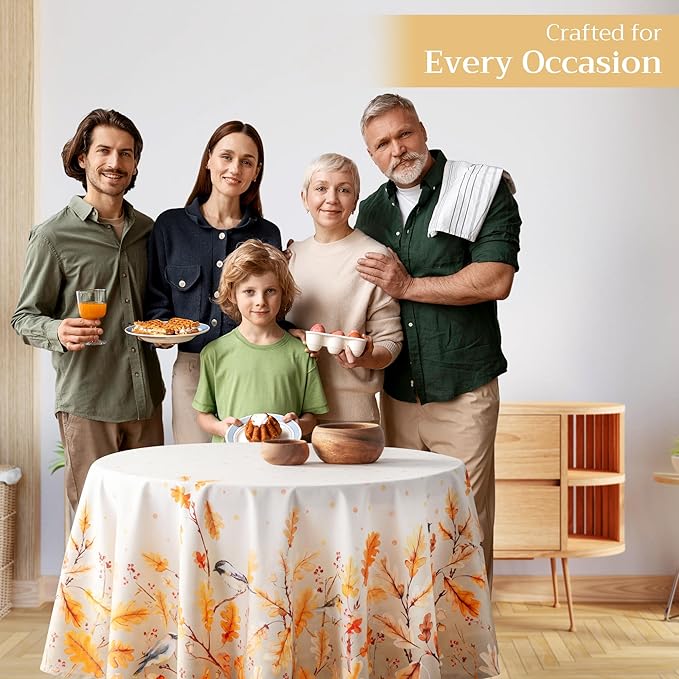 Maison d' Hermine Table Cloth Round Table 100% Cotton 63 Inches Fall Tablecloth Reusable Everyday Use for Thanksgiving Christmas Decorations Dining Farmhouse Party (Oak Leaves)
