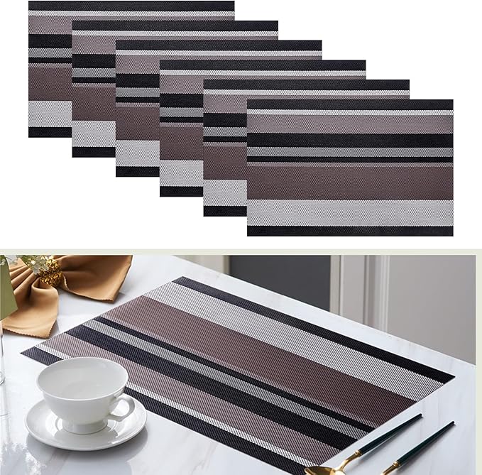 Set of 6 Colorful Striped Vinyl Placemats Heat-Resistant Washable Placemats Non-Slip Woven Table Mats Wipeable Placemat for Kitchen Dining Table Decoration Indoor Outdoor (Black&Grey)