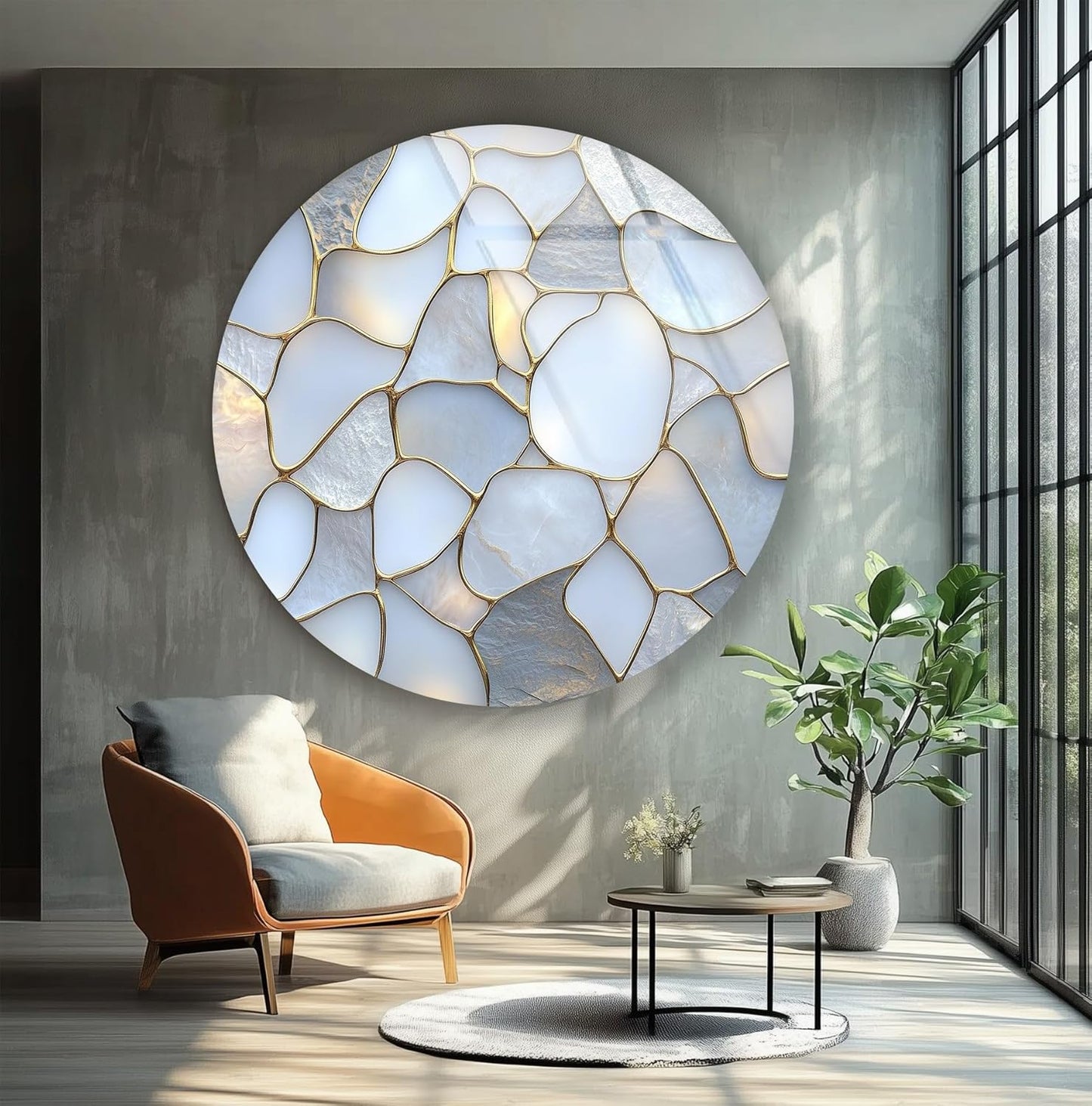 My Photostation.com 39,4''(100cm) Diameter White Stone Mosaic Round Glass Wall Art Tempered Glass Printing Wall Decor Large Wall Art Wall Hangings