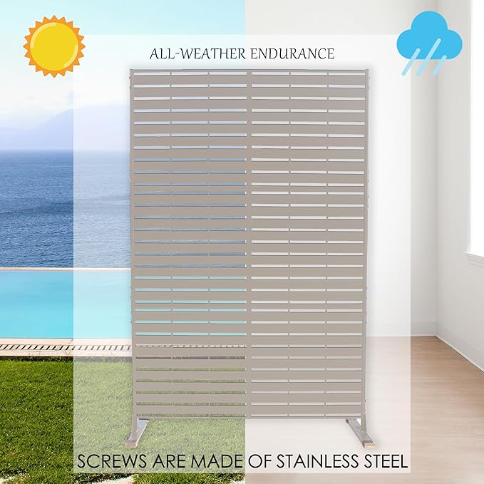 Kozyard Metal Privacy Screen 74" H x 47.2" W Decorative Outdoor Divider with Stand Panels Freestanding Screen Set for Deck Patio Balcony Garden Outdoor&Indoor (Beige/Horizontal Slat)