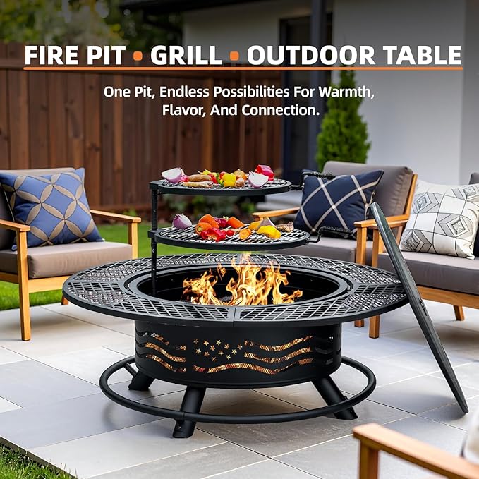 47 Inch Fire Pit with 2 Cooking Grates, Outdoor Wood Burning BBQ Grill Firepit Bowl with Cover Lid, Steel Round Table for Backyard Bonfire Patio Picnic (Black, 47IN)
