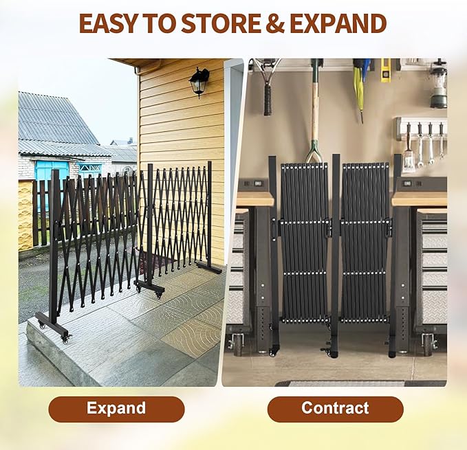 TECSPACE Aluminum Expandable Garden Fence, Portable Barricade Gate with Casters, Expansion Size 201×15.2×40.6 inches, Adjustable Flexible Fence Mobile Barricade Safety Barrier