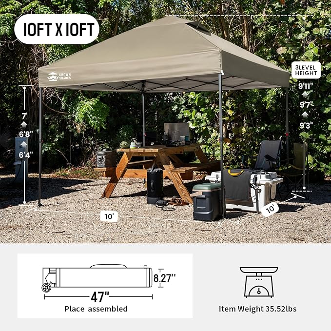 CROWN SHADES 10x10 Pop Up Canopy Tent - Patented Center Lock One Push Instant Outdoor Canopy Beach Tent with STO-N-Go Bag 8 Stakes & 4 Sand Bags，Khaki