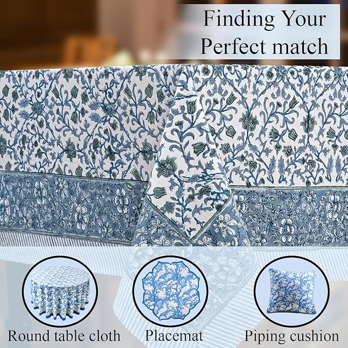 CPC Ocean Vine Tablecloth 100% Cotton 60x90 Inch Indian Block Print Rectangle Table Cover, Table Cloth for Gifting in Weddings, Halloween, Fall, Christmas, Thanksgiving