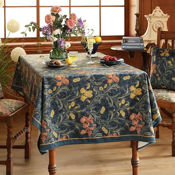 patdrea Designer Vintage Dark Blue Linen Rectangle Tablecloth,French Rustic Floral Pattern Tablecloths,Decorative Table Cover Cloth for Kitchen,Dining,Tea Party,Home,Christmas,63"*87"