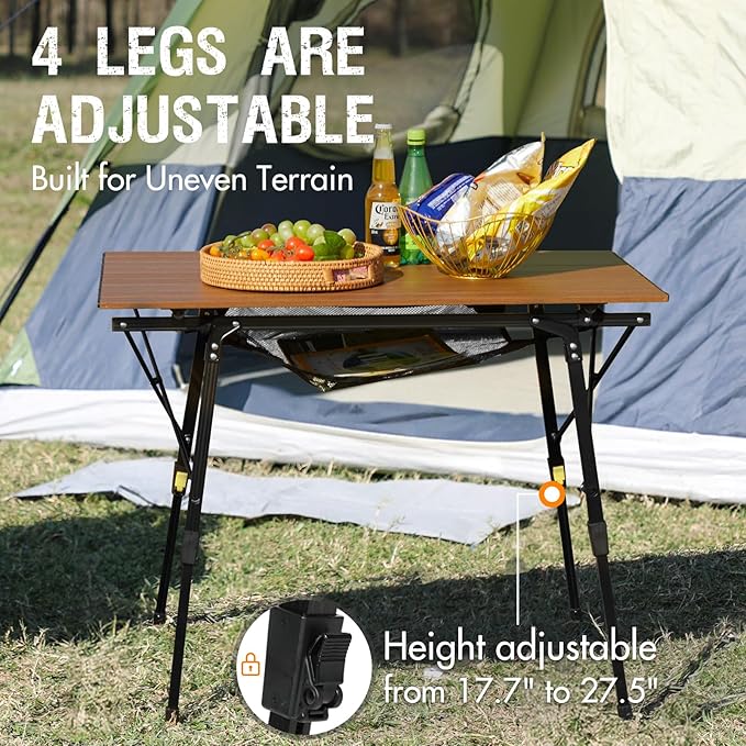 Portal Camping Table Portable Folding Table Ultra Lightweight Folding Camp Table 4 Adjustable Legs Aluminum Roll Up Table Top with Carry Bag for Outdoor Travel Backyards BBQ