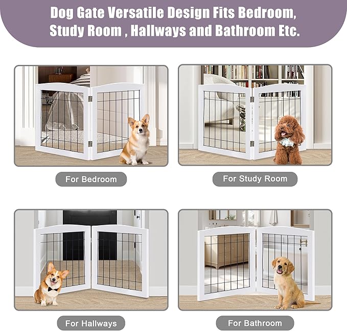 LZRS 2-Panel Freestanding Foldable Wood Dog Gate – Solid Wood & Steel Wire, Chew-Resistant Pet Barrier for Indoor Use, Ideal for Small to Medium Dogs, White