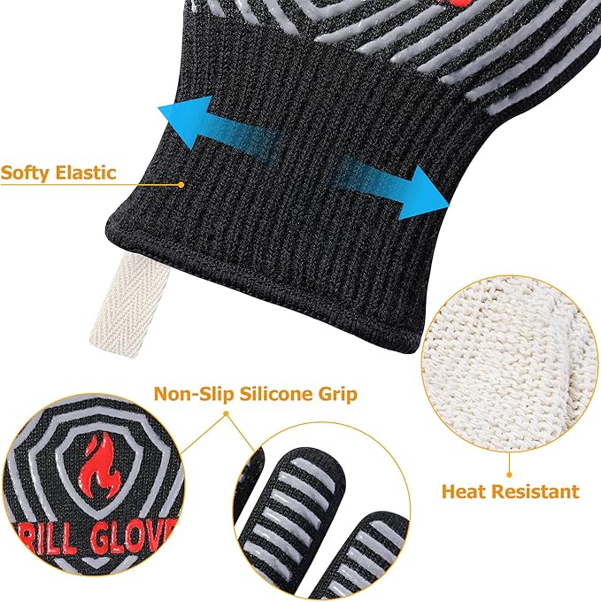 QUWIN BBQ Gloves, Oven Gloves, 1472℉ Extreme Heat Resistant,Grilling Gloves Silicone Non-Slip Oven Mitts, Kitchen Gloves for BBQ, Grilling, Cooking, Baking-1 Pair… (Black, One Size Fits Most)