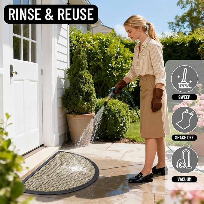 OLANLY Half Circle Door Mat Outside Entrance 29.5x17, Absorbent, Heavy Duty Sturdy Natural Rubber Doormat Indoor Outdoor, Fade Resistant, Non-Slip Backing Low Profile Floor Mat for Entryway, Beige