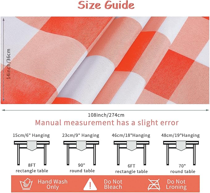 Fabric Checkered Table Runner 1 Pack Waterproof Gingham Table Runner 14W x 108L Buffalo Check Table Runners for Parties Kitchen Dining Wedding Banquet (Red and White)