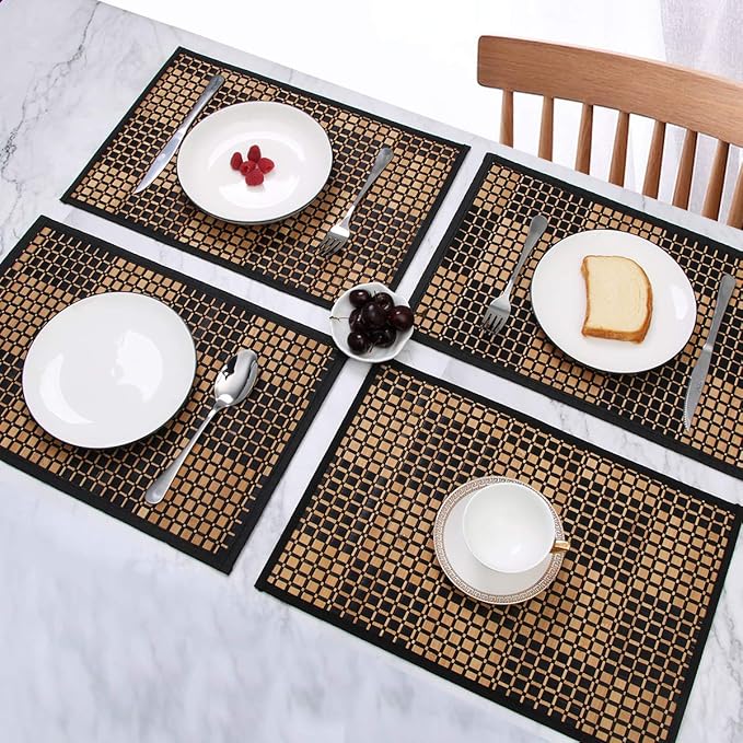 Placemats Set of 6 for Dining Table, Bamboo Place Mats for Kitchen Table Decor, Table Mats Heat Resistant & Non-Slip for Indoor/Outdoor Party, Table Placemats Set of 6 for Dinner Table Black