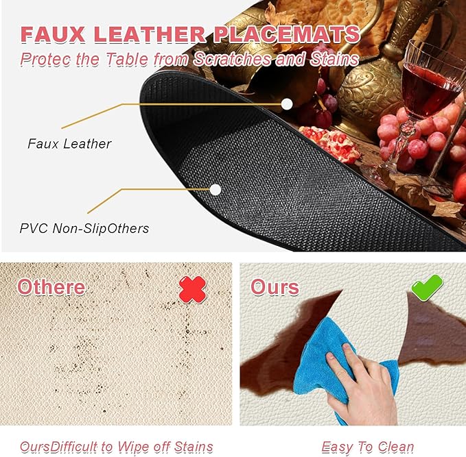 Wine Placemats Set of 4 - Faux Leather Heat Resistant Placemats for Dinner Table, Non-Slip Waterproof Oil-Proof Washable Reusable Placemat for Indoor Outdoor Kitchen Decor, 15.75In*11.81In