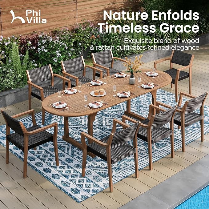 PHI VILLA 9 Pieces Acacia Wood Outdoor Dining Set for 8, Expandable Teak Wooden Table & Chairs, Large Farmhouse Furniture Set for Patio, Deck, Backyard, Porch