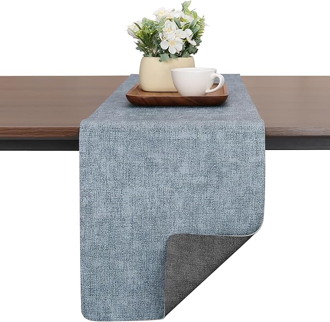 Table Runners 72 Inches Long, Dual-Sided Faux Leather Farmhouse Table Runner Waterproof Heatproof Non-Slip for Living Room Party Home Decor Holiday Decorations(Gray Light Blue, 12 x 72 Inch)