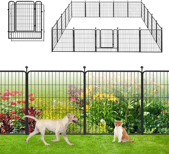 Garden Fence with Gate Metal Fencing for Yard, 32in x 46ft 20 Panels No Dig Fence Panels Temporary Dog Fence Rustproof Garden Fencing Flower Bed Edging for Patio