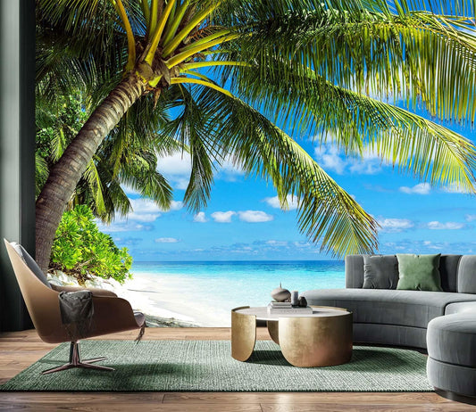 AFZEVEB-Beach Wall Mural Tropical Palm Tree Landscape Wallpaper for Bedroom 114"x74"(Not Peel and Stick)